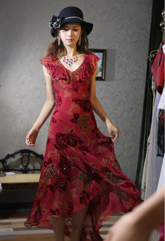 Elegant Red Floral Burnout Prom Dress With Beaded Accents Ruffled Neckline And Asymmetric Hem For Formal Evening Party