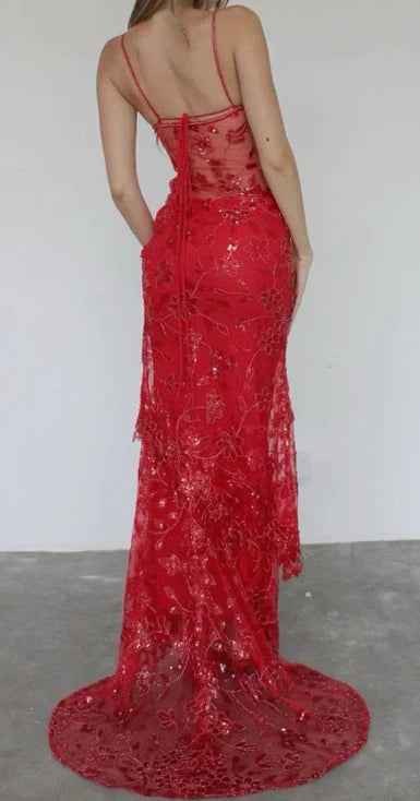 Elegant Red Sequin Embellished Spaghetti Strap Prom Dress With Sweetheart Neck Sheer Bodice And Mermaid Train For Formal Evening Party