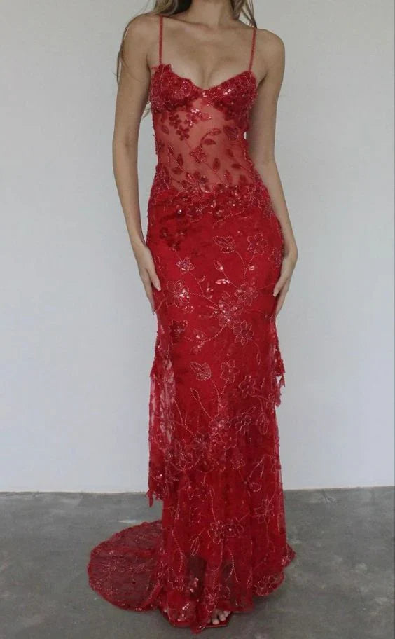 Elegant Red Sequin Embellished Spaghetti Strap Prom Dress With Sweetheart Neck Sheer Bodice And Mermaid Train For Formal Evening Party