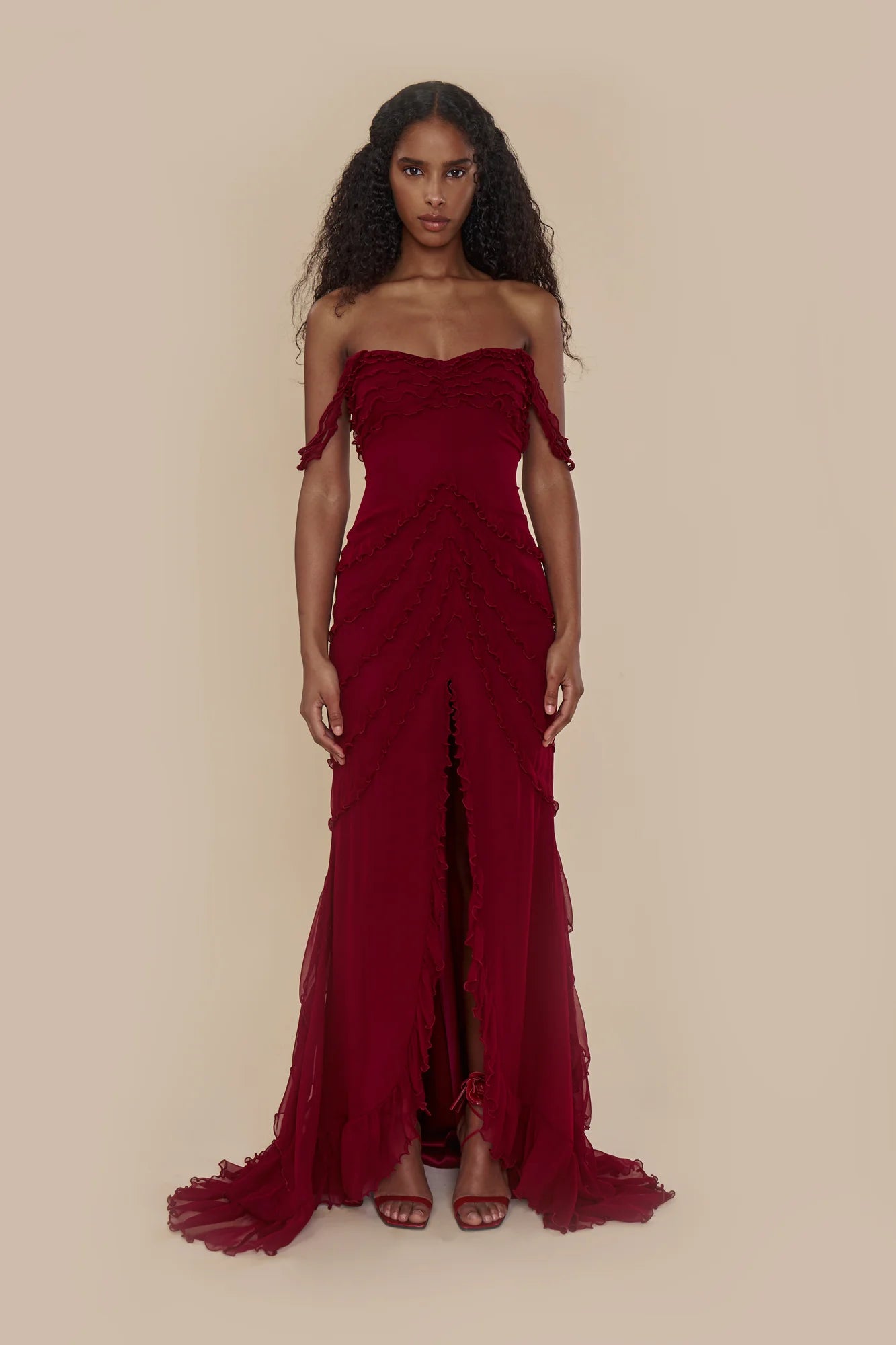 Elegant Red V-neck Cross Strap Ruffled High Slit Mermaid Long Evening Dresses