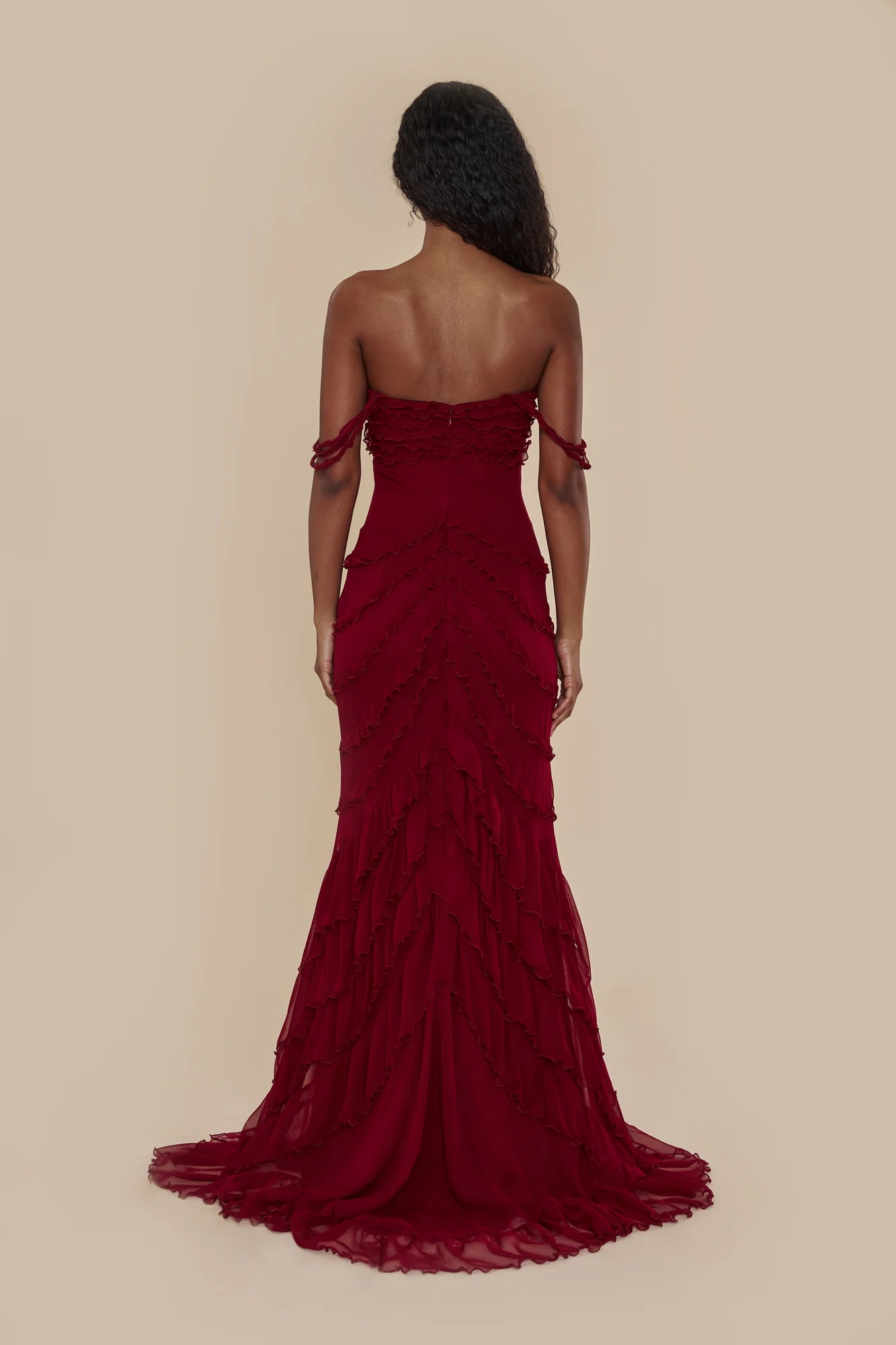 Elegant Red V-neck Cross Strap Ruffled High Slit Mermaid Long Evening Dresses