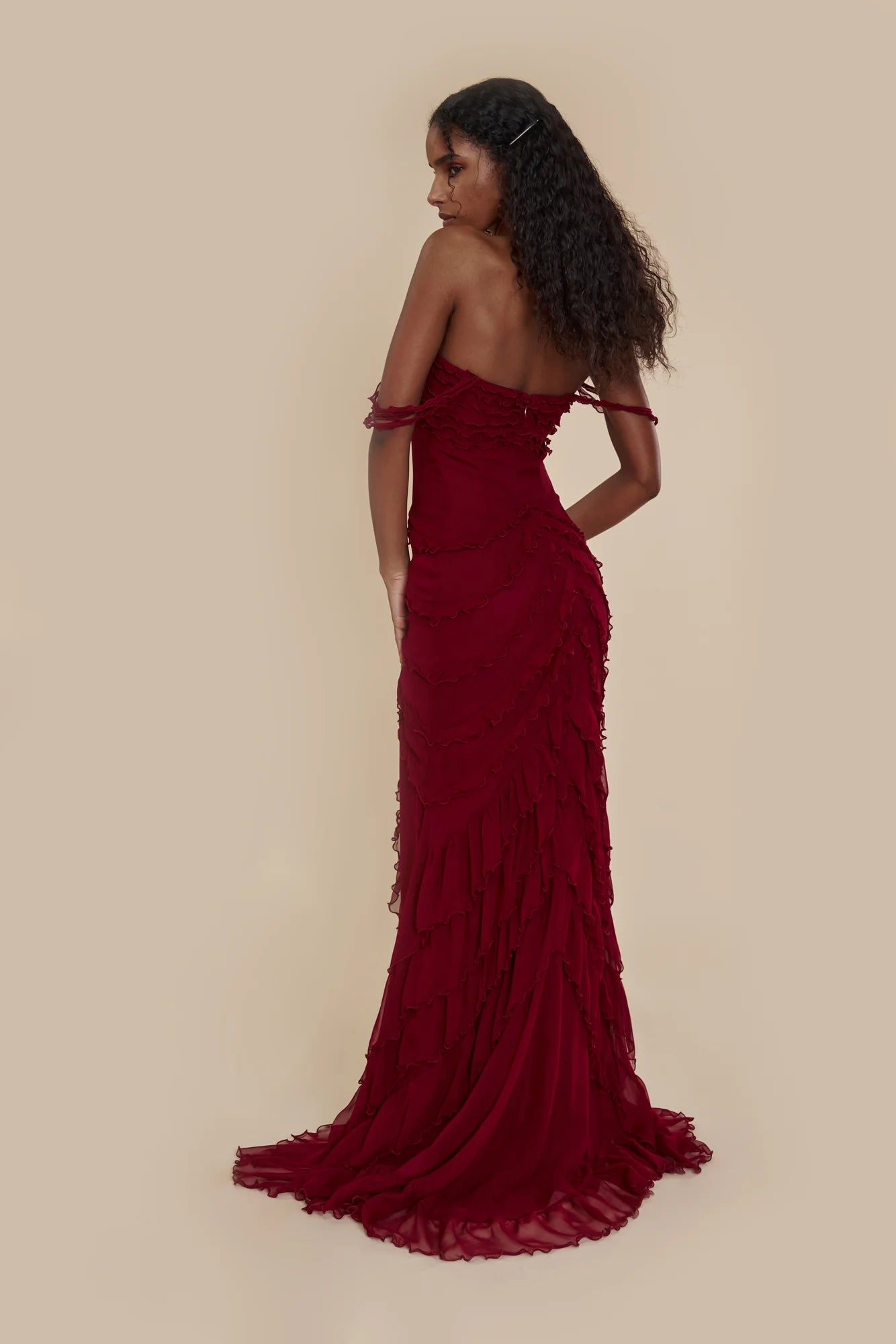 Elegant Red V-neck Cross Strap Ruffled High Slit Mermaid Long Evening Dresses