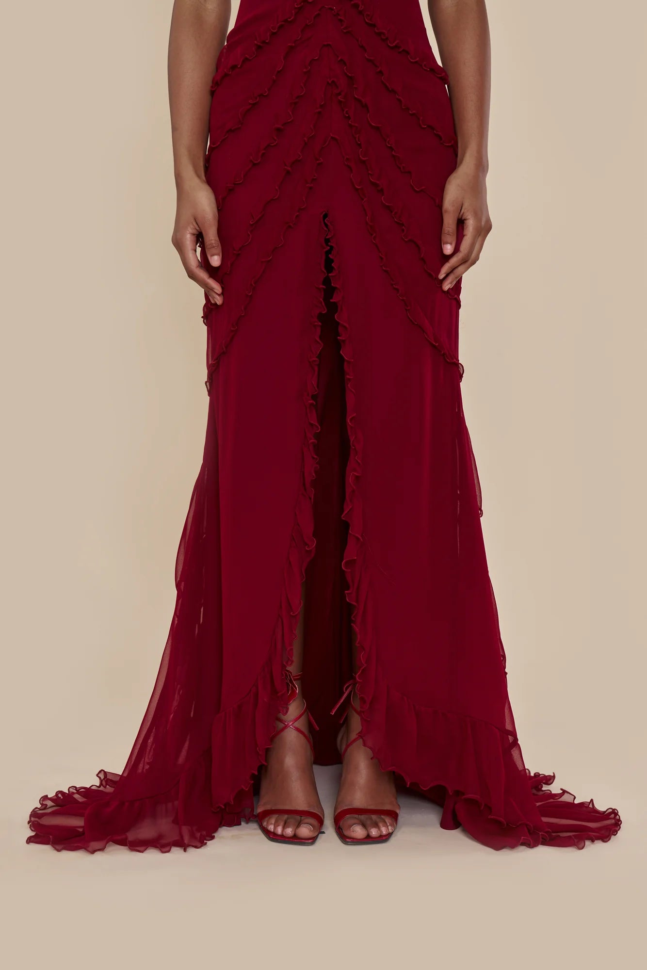 Elegant Red V-neck Cross Strap Ruffled High Slit Mermaid Long Evening Dresses