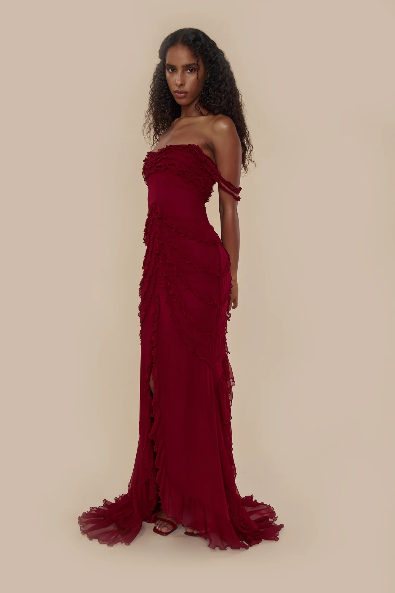 Elegant Red V-neck Cross Strap Ruffled High Slit Mermaid Long Evening Dresses