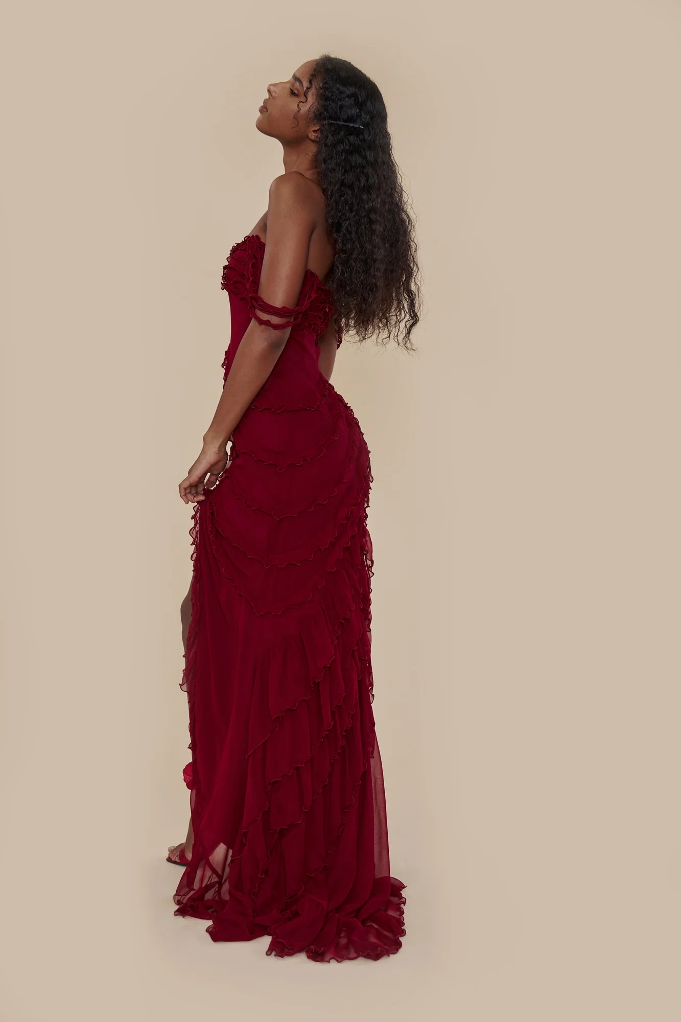 Elegant Red V-neck Cross Strap Ruffled High Slit Mermaid Long Evening Dresses