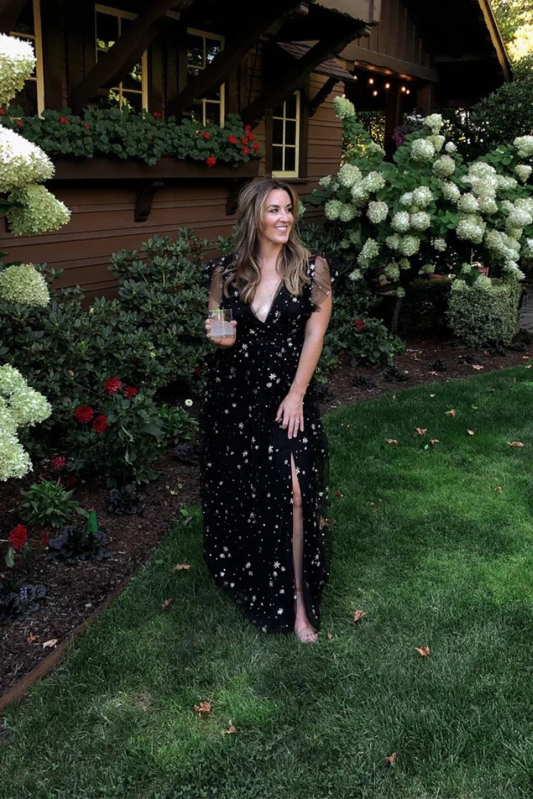 Elegant Ruffle Sleeve Deep V Neck Open Back Star Print High Slit Tulle A Line Maxi Evening Dress For Formal Evening Gala Wedding Guest Bridesmaid