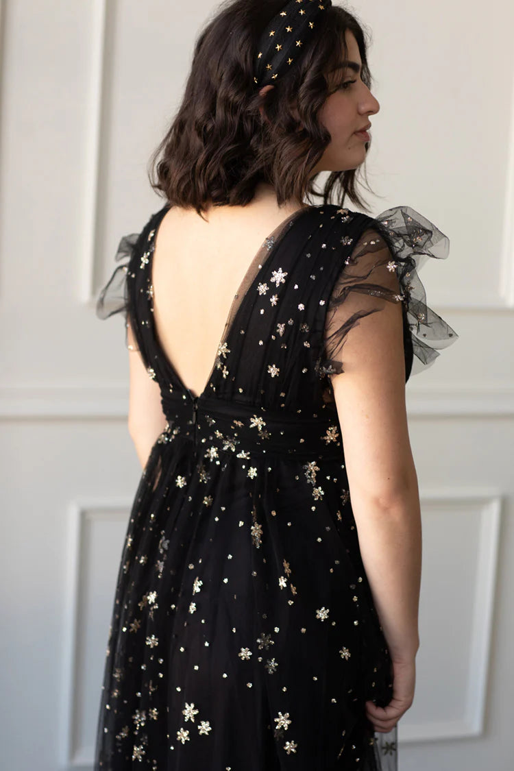 Elegant Ruffle Sleeve Deep V Neck Open Back Star Print High Slit Tulle A Line Maxi Evening Dress For Formal Evening Gala Wedding Guest Bridesmaid