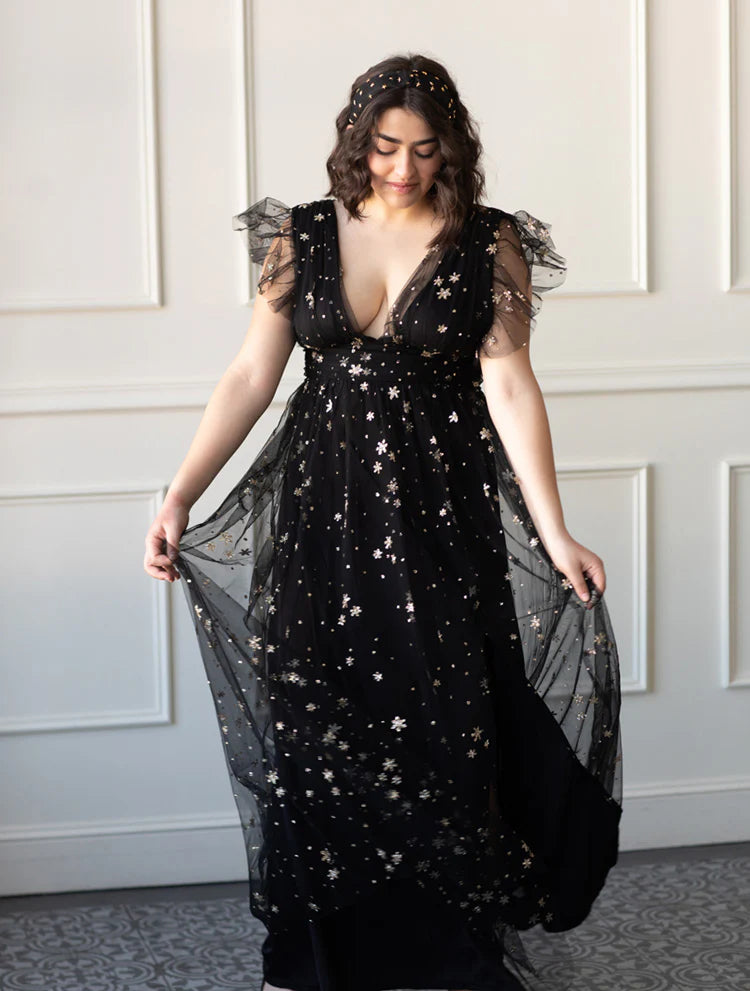 Elegant Ruffle Sleeve Deep V Neck Open Back Star Print High Slit Tulle A Line Maxi Evening Dress For Formal Evening Gala Wedding Guest Bridesmaid