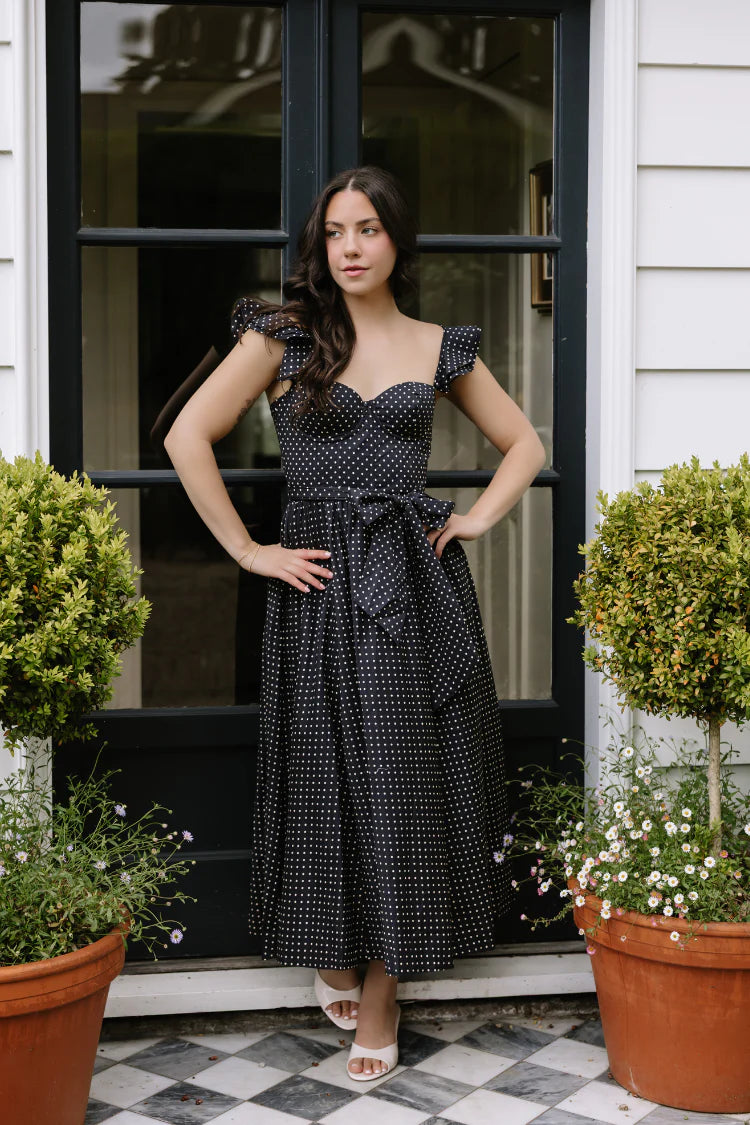 Elegant Ruffle Sleeve Sweetheart Neckline Open Back Bow Detail Polka Dot A Line Midi Evening Dress For Formal Evening Gala Wedding Guest Bridesmaid