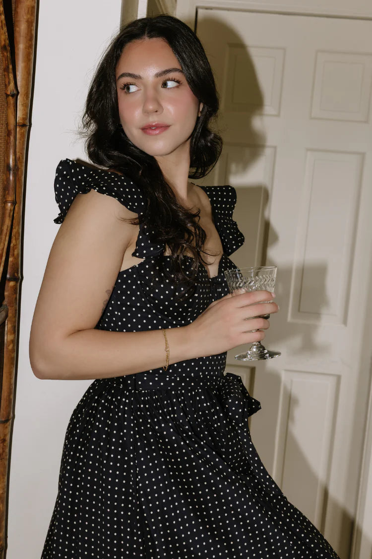 Elegant Ruffle Sleeve Sweetheart Neckline Open Back Bow Detail Polka Dot A Line Midi Evening Dress For Formal Evening Gala Wedding Guest Bridesmaid