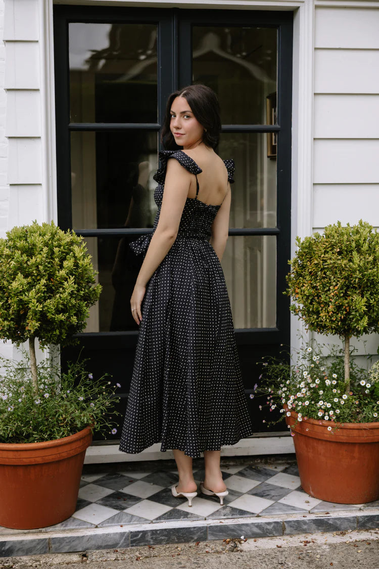 Elegant Ruffle Sleeve Sweetheart Neckline Open Back Bow Detail Polka Dot A Line Midi Evening Dress For Formal Evening Gala Wedding Guest Bridesmaid