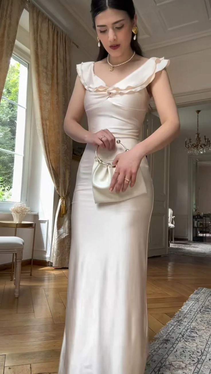Elegant Ruffle Strap V Neck Satin Twist Front Mermaid Maxi Prom Dress