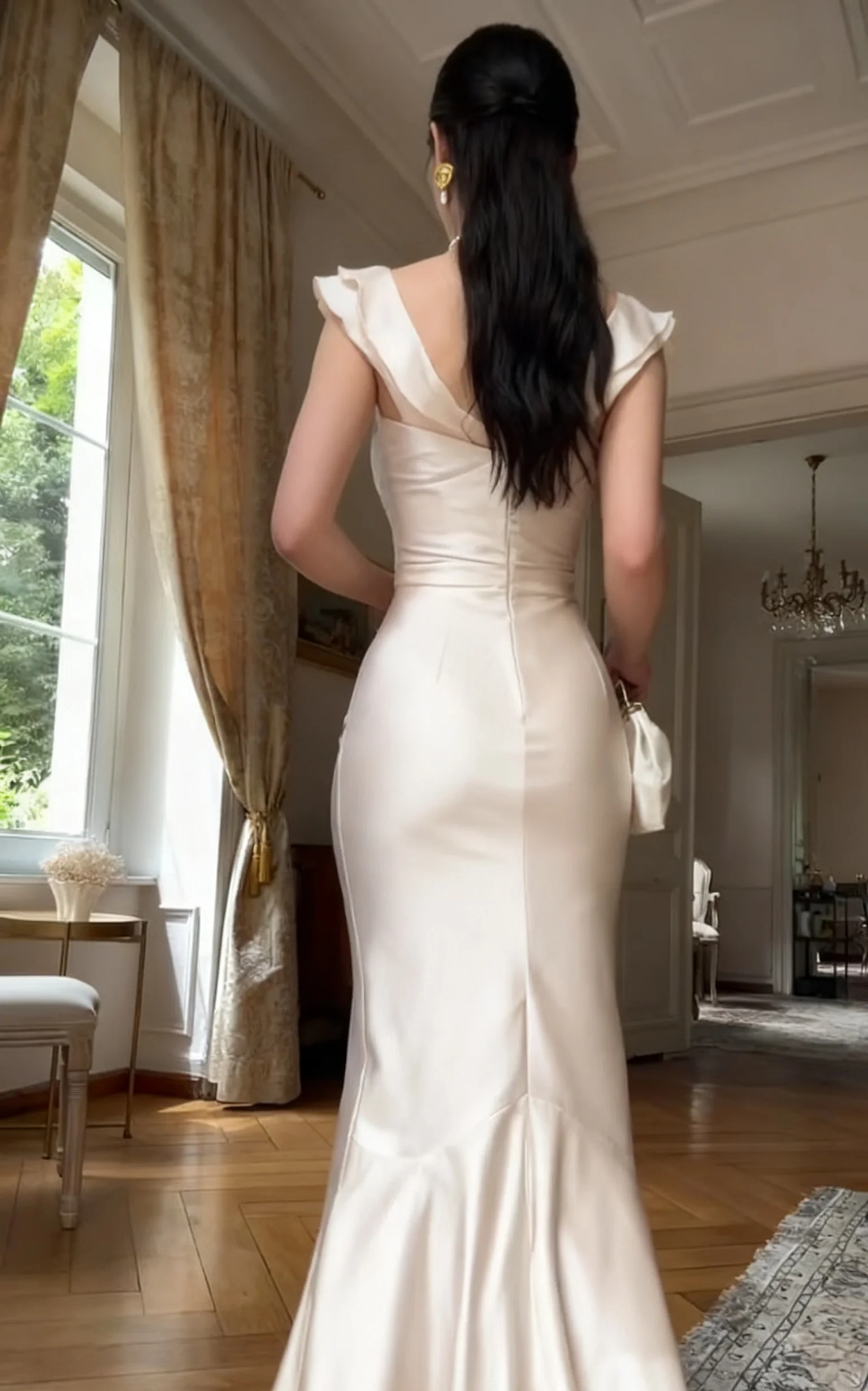 Elegant Ruffle Strap V Neck Satin Twist Front Mermaid Maxi Prom Dress