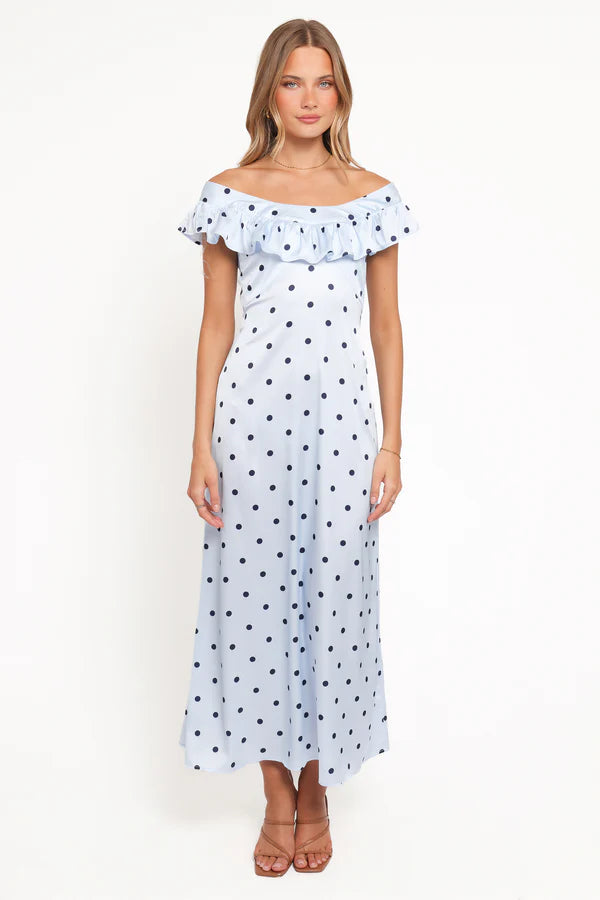 Elegant Ruffle Trim Polka Dot Tie Back Maxi Prom Dress For Formal Evening Wedding Guest Bridesmaid Cocktail Party