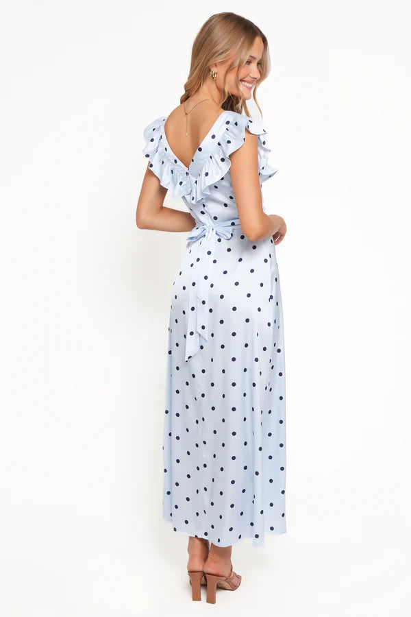 Elegant Ruffle Trim Polka Dot Tie Back Maxi Prom Dress For Formal Evening Wedding Guest Bridesmaid Cocktail Party