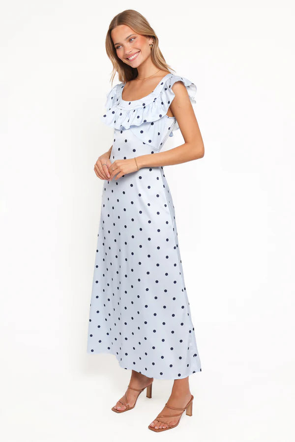 Elegant Ruffle Trim Polka Dot Tie Back Maxi Prom Dress For Formal Evening Wedding Guest Bridesmaid Cocktail Party