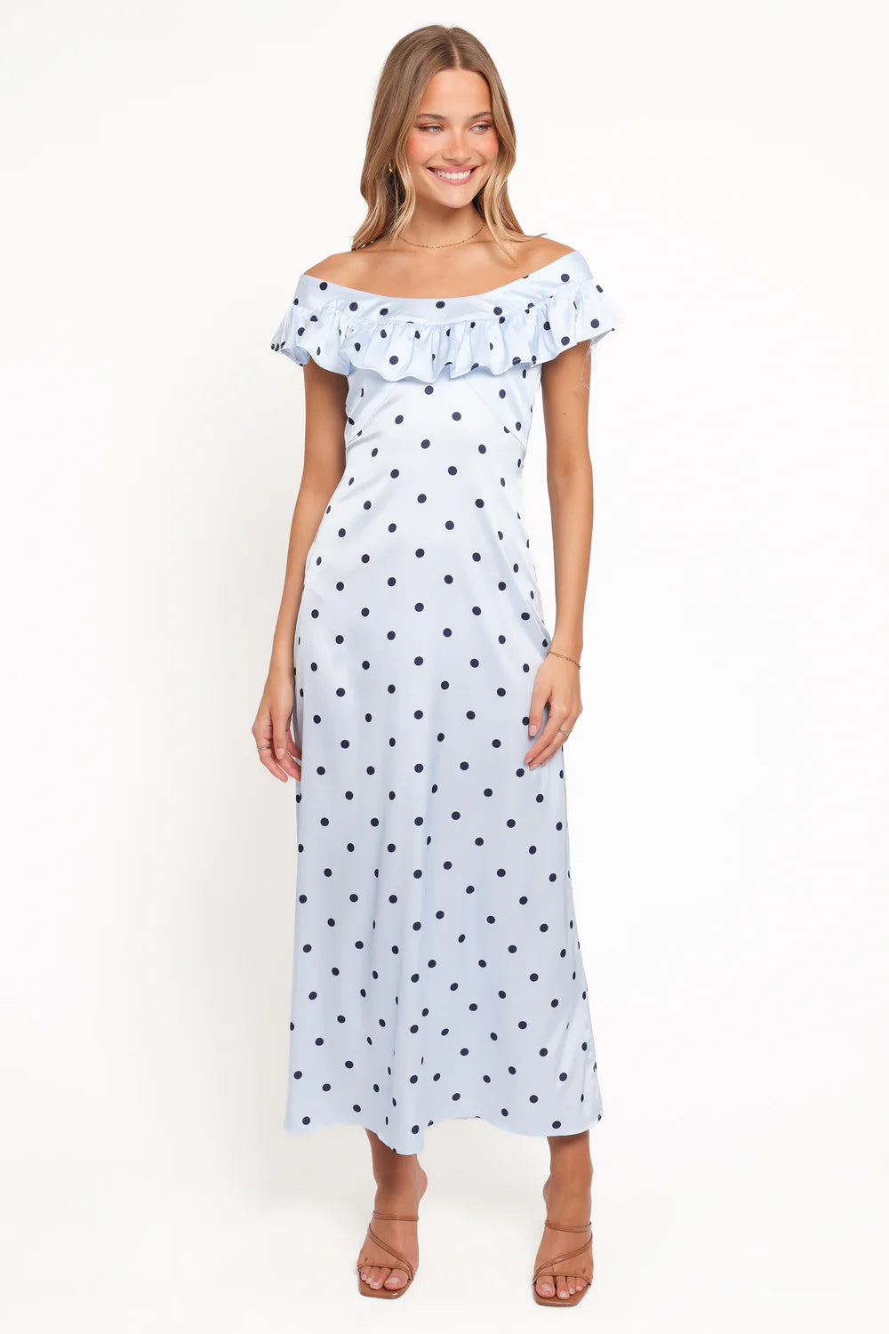 Elegant Ruffle Trim Polka Dot Tie Back Maxi Prom Dress For Formal Evening Wedding Guest Bridesmaid Cocktail Party
