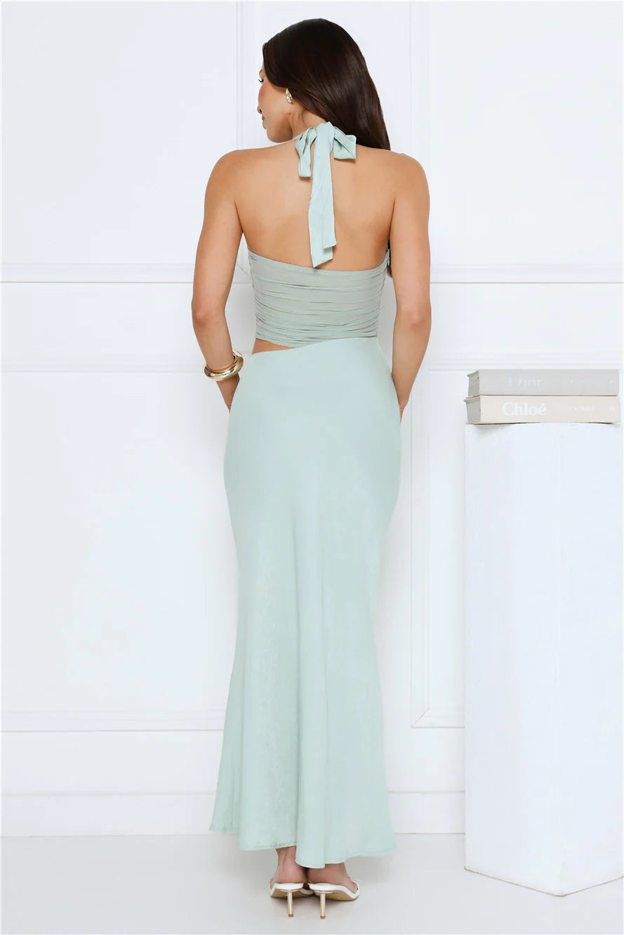Elegant Sage Green Halter Two Piece Prom Dress With Cutout And Mermaid Skirt For Cocktail Party Bridal Shower