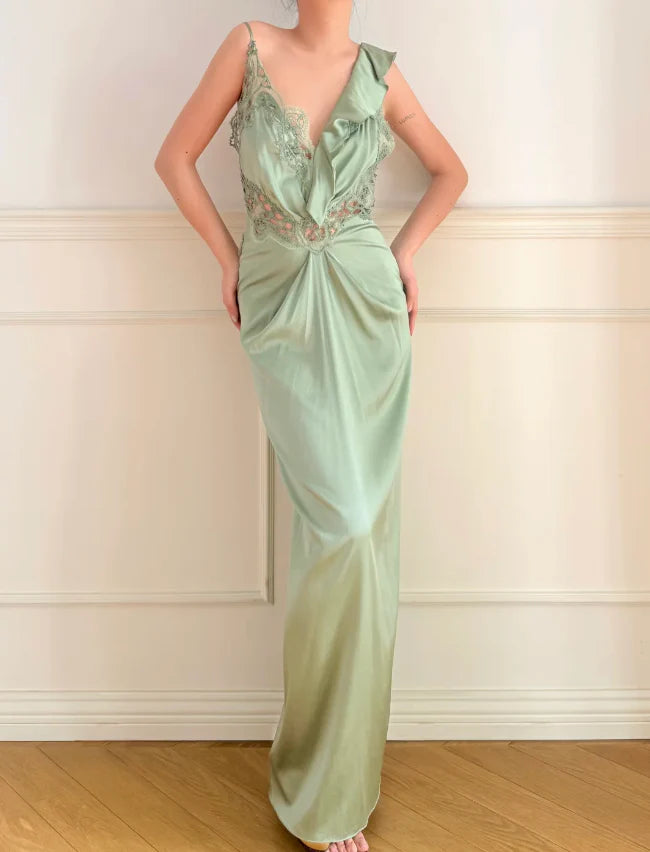 Elegant Sage Green One Shoulder Prom Dress With Lace Inserts And Ruffled Back For Formal Evening Party