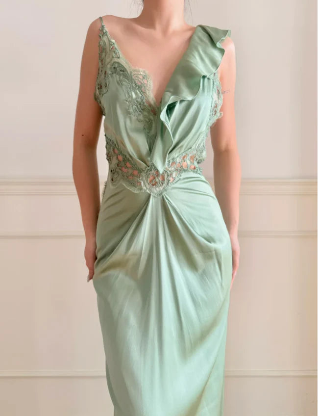 Elegant Sage Green One Shoulder Prom Dress With Lace Inserts And Ruffled Back For Formal Evening Party