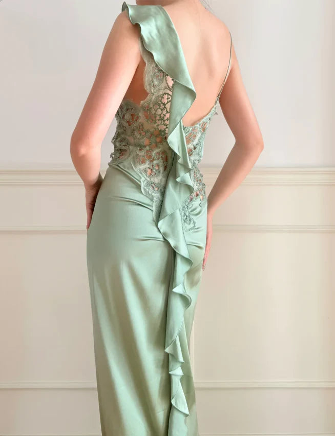 Elegant Sage Green One Shoulder Prom Dress With Lace Inserts And Ruffled Back For Formal Evening Party