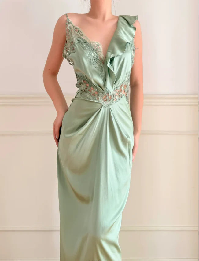 Elegant Sage Green One Shoulder Prom Dress With Lace Inserts And Ruffled Back For Formal Evening Party
