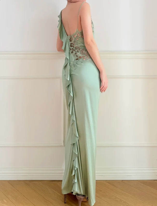 Elegant Sage Green One Shoulder Prom Dress With Lace Inserts And Ruffled Back For Formal Evening Party