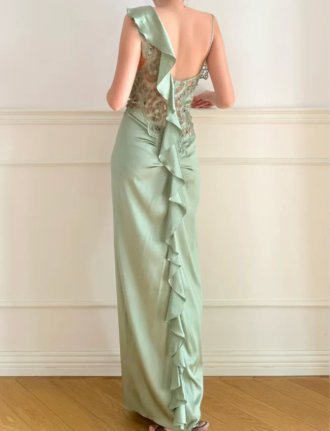 Elegant Sage Green One Shoulder Prom Dress With Lace Inserts And Ruffled Back For Formal Evening Party