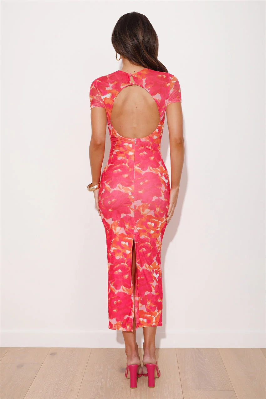 Elegant Short Sleeve Round Neck Open Back Floral Print Bodycon Midi Evening Dress For Formal Evening Prom Wedding Guest Bridesmaid Cocktail Party Gala