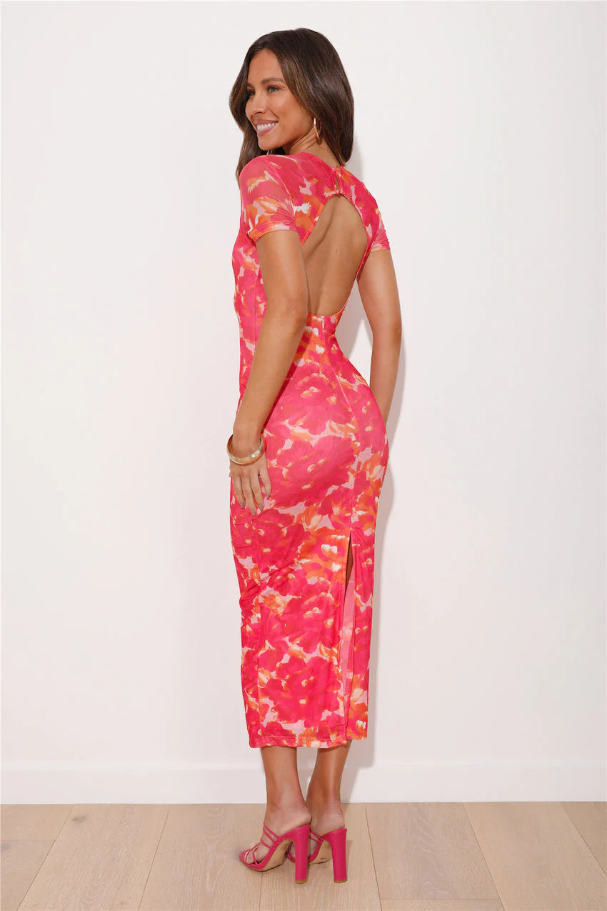 Elegant Short Sleeve Round Neck Open Back Floral Print Bodycon Midi Evening Dress For Formal Evening Prom Wedding Guest Bridesmaid Cocktail Party Gala