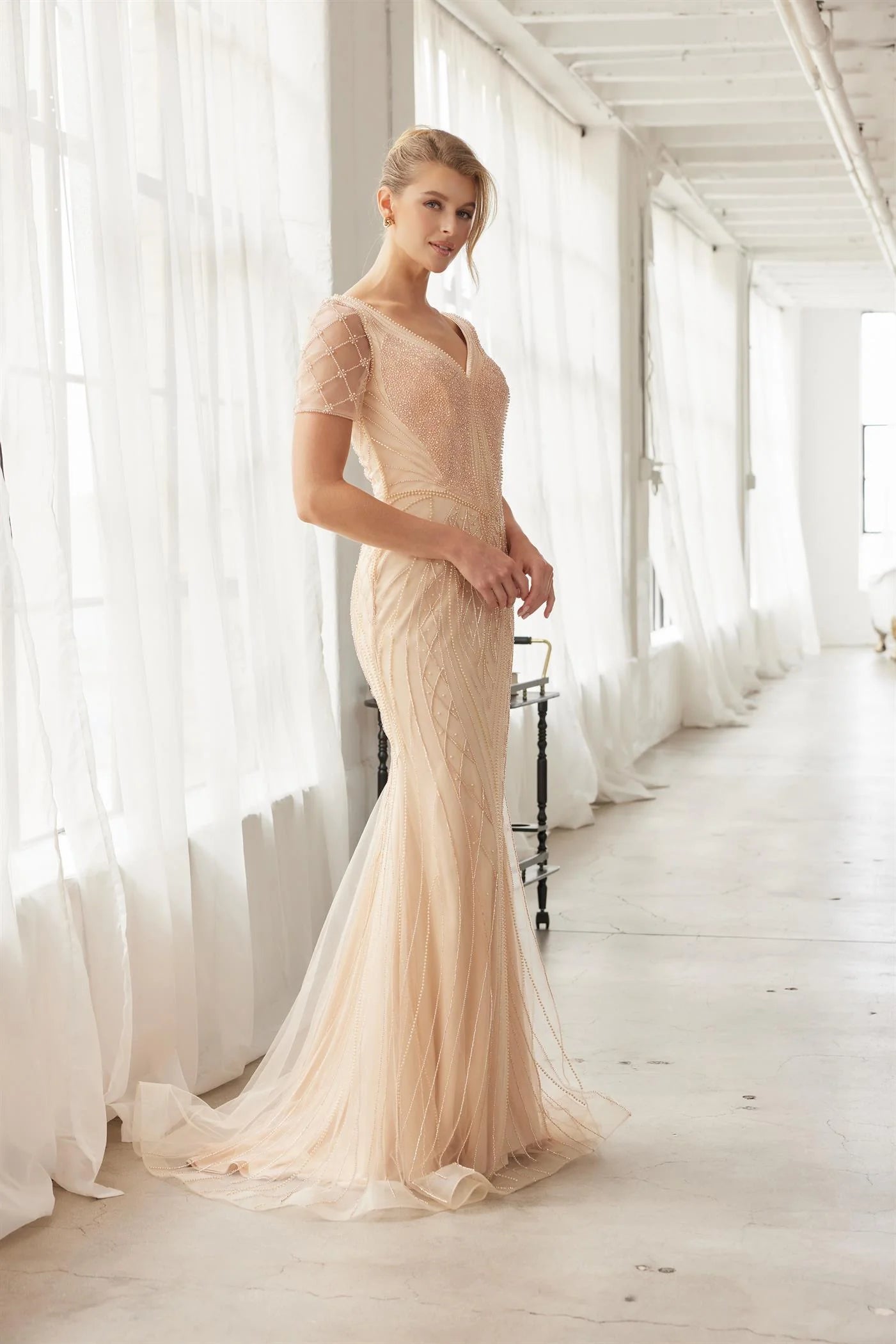 Elegant Short Sleeve V Neck Open Back Beaded Lace Appliqué Mermaid Evening Dress For Formal Evening Gala Wedding Guest Bridesmaid