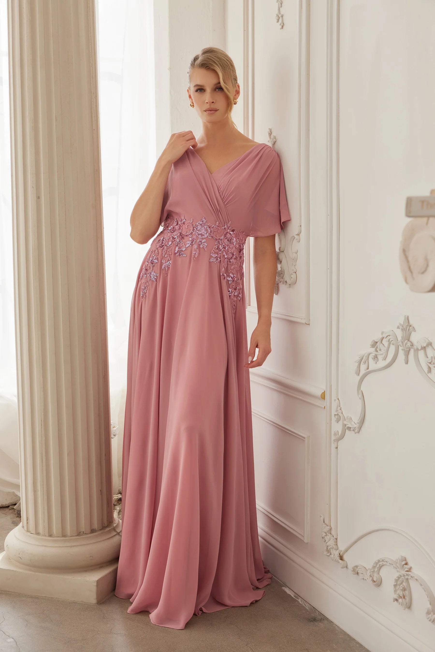 Elegant Short Sleeve V Neck Open Back Sequin Appliqué Pleated Chiffon A Line Evening Dress For Formal Evening Gala Wedding Guest Bridesmaid