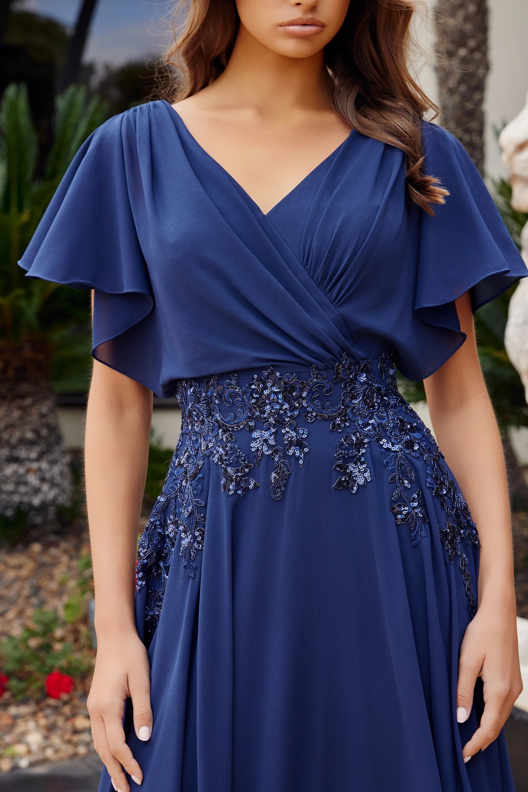 Elegant Short Sleeve V Neck Open Back Sequin Appliqué Pleated Chiffon A Line Evening Dress For Formal Evening Gala Wedding Guest Bridesmaid