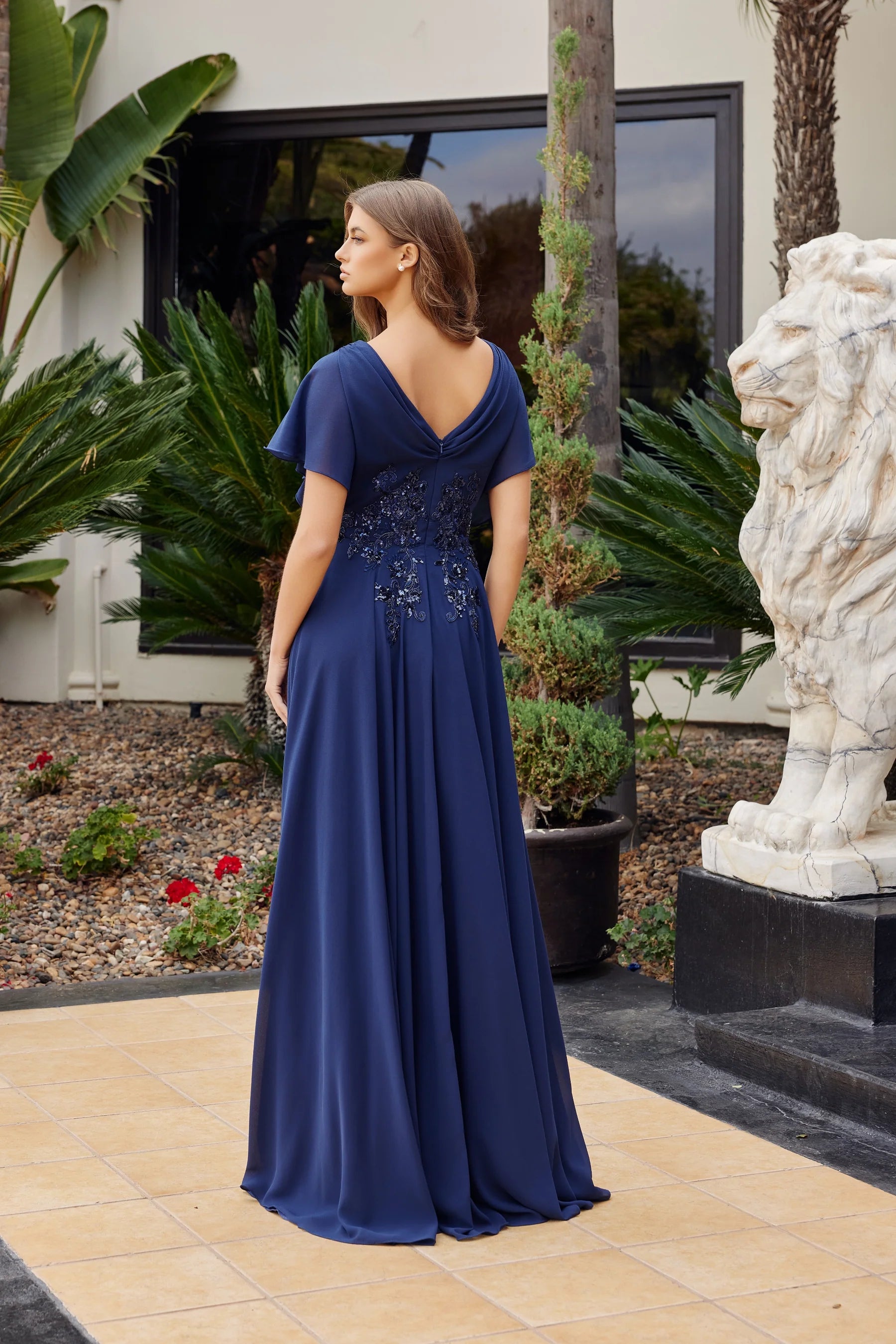 Elegant Short Sleeve V Neck Open Back Sequin Appliqué Pleated Chiffon A Line Evening Dress For Formal Evening Gala Wedding Guest Bridesmaid