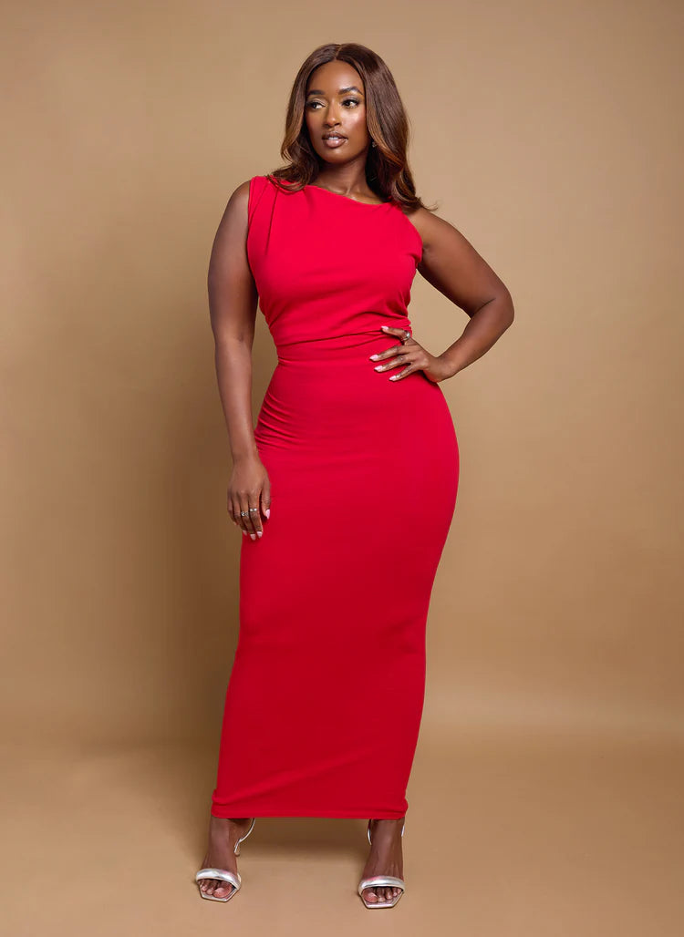 Elegant Sleeveless Asymmetric Neck Ruched Waist Bodycon Midi Evening Dress