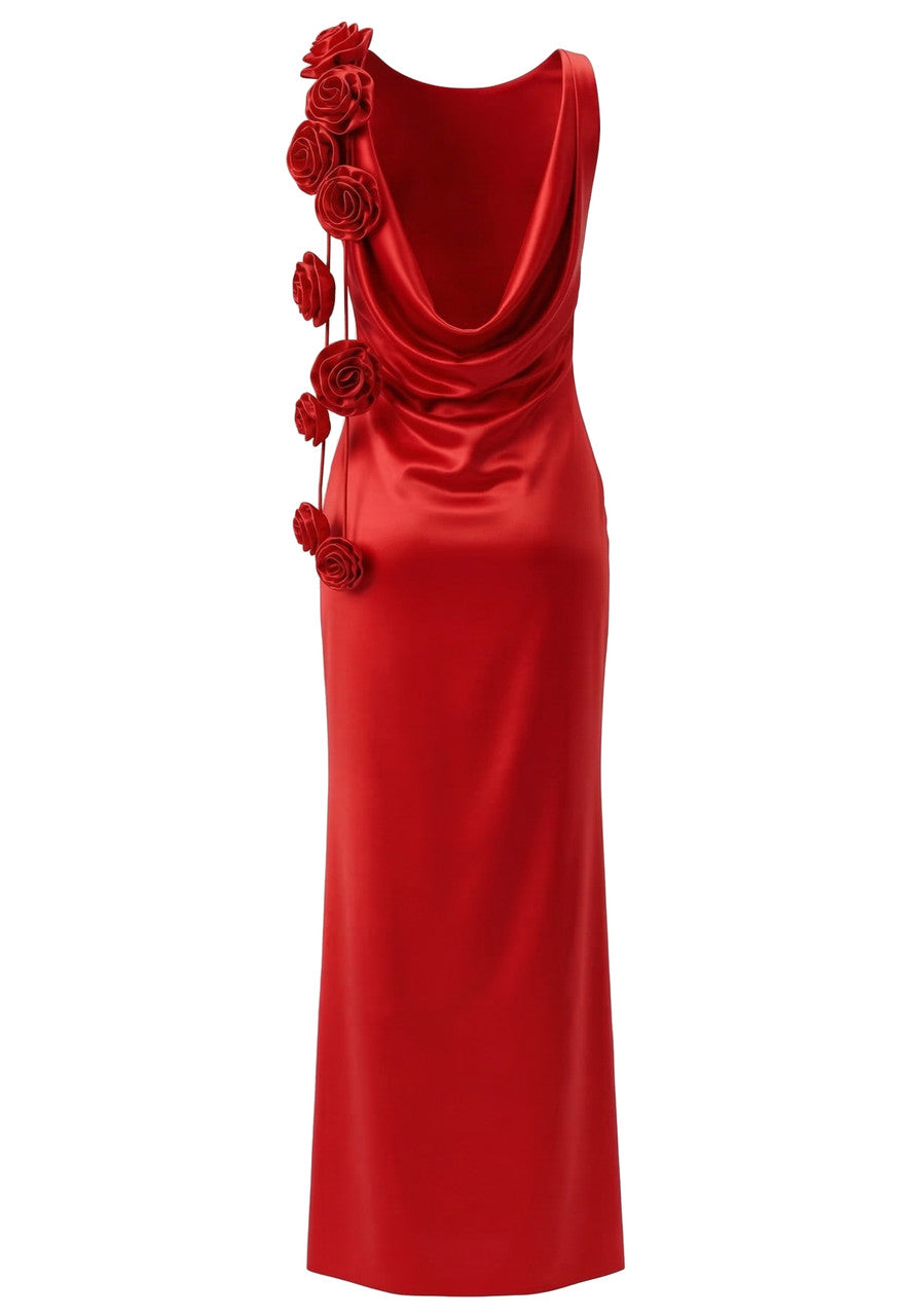 Elegant Sleeveless Boat Neck Cowl Back 3D Rose Applique Satin Mermaid Maxi Prom Dress