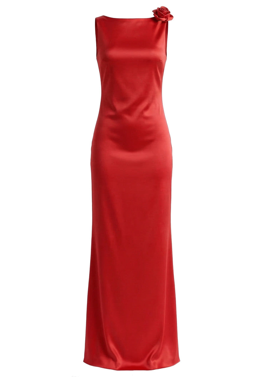 Elegant Sleeveless Boat Neck Cowl Back 3D Rose Applique Satin Mermaid Maxi Prom Dress