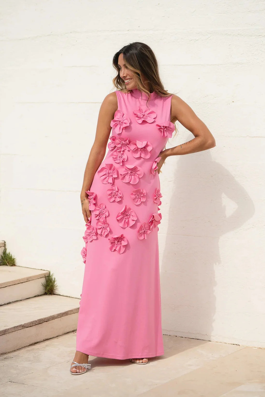 Elegant Sleeveless High Neck 3D Floral Applique Bodycon Maxi Prom Dress For Formal Evening Wedding Guest