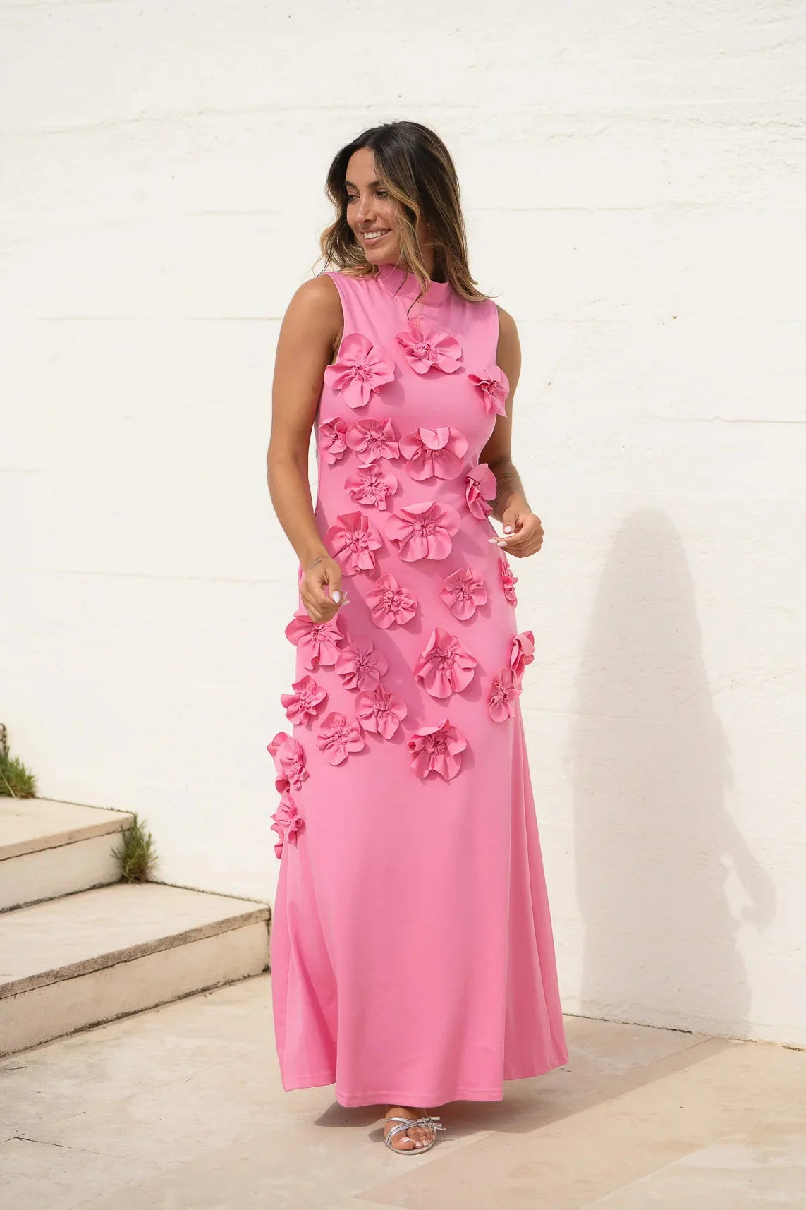 Elegant Sleeveless High Neck 3D Floral Applique Bodycon Maxi Prom Dress For Formal Evening Wedding Guest