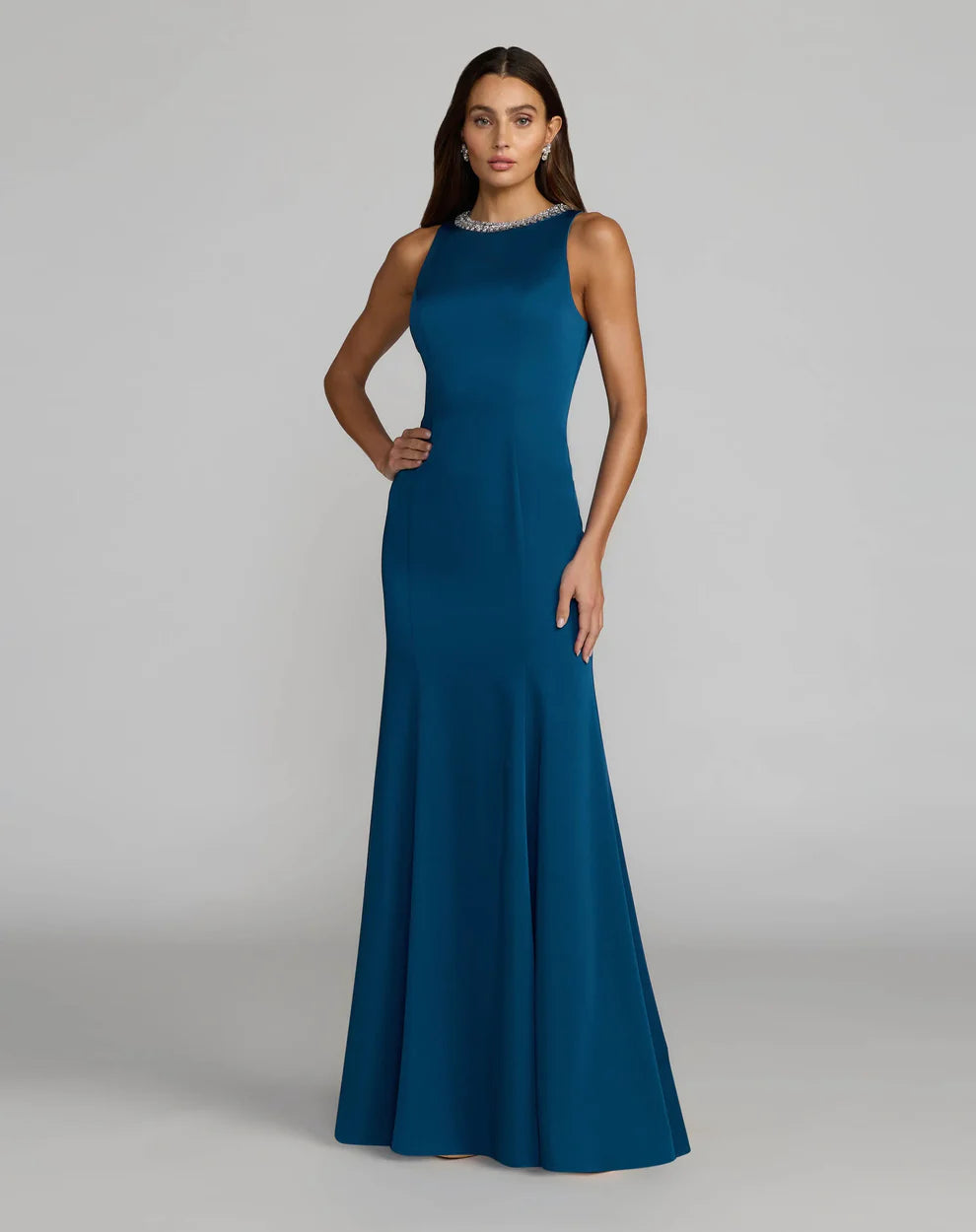 Elegant Sleeveless High Neck Beaded Trim Stretch Crepe Mermaid Maxi Prom Dress For Formal Evening Gala Wedding Guest