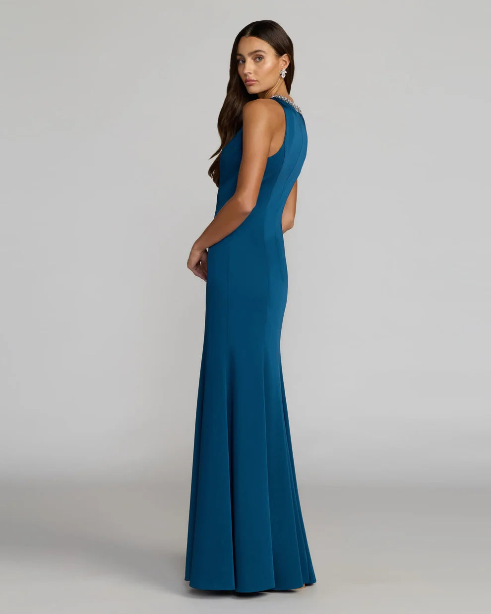 Elegant Sleeveless High Neck Beaded Trim Stretch Crepe Mermaid Maxi Prom Dress For Formal Evening Gala Wedding Guest