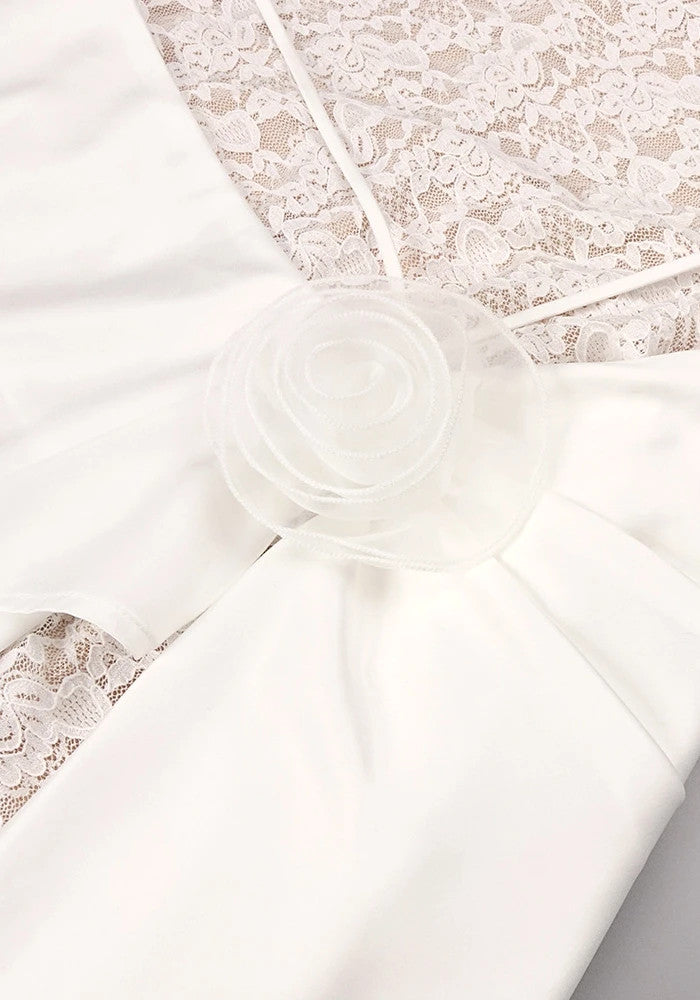 Elegant Sleeveless High Neck Lace Insert 3D Rose Applique Satin Maxi Prom Dress