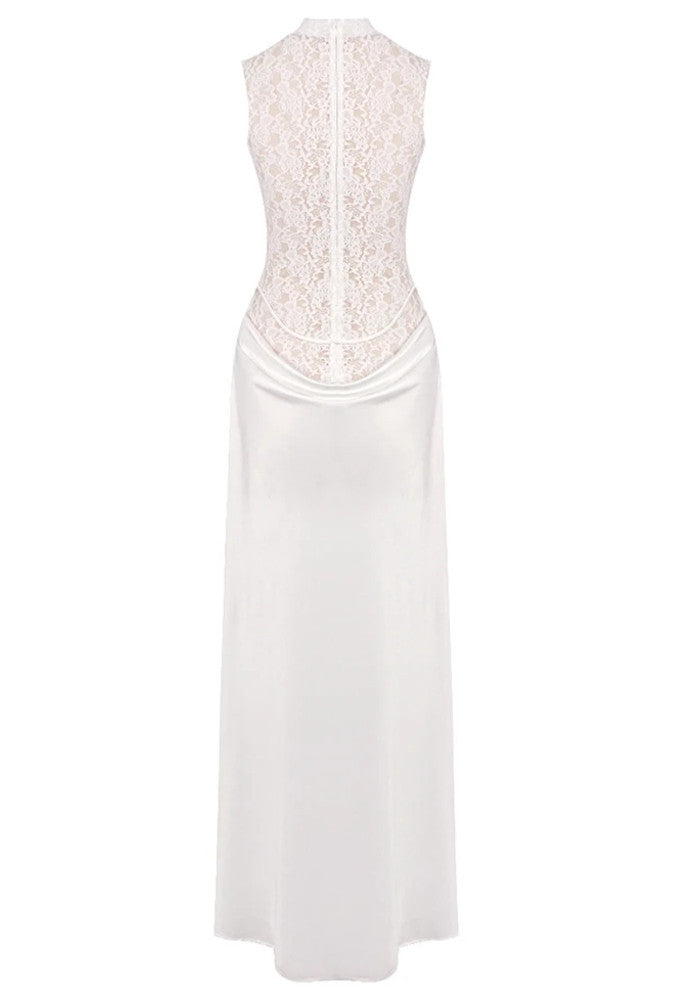 Elegant Sleeveless High Neck Lace Insert 3D Rose Applique Satin Maxi Prom Dress