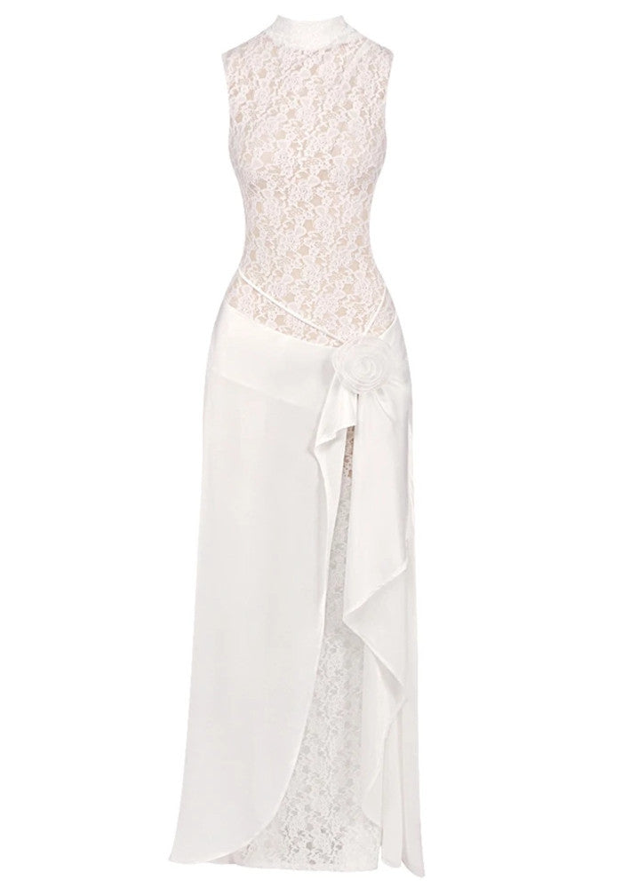 Elegant Sleeveless High Neck Lace Insert 3D Rose Applique Satin Maxi Prom Dress