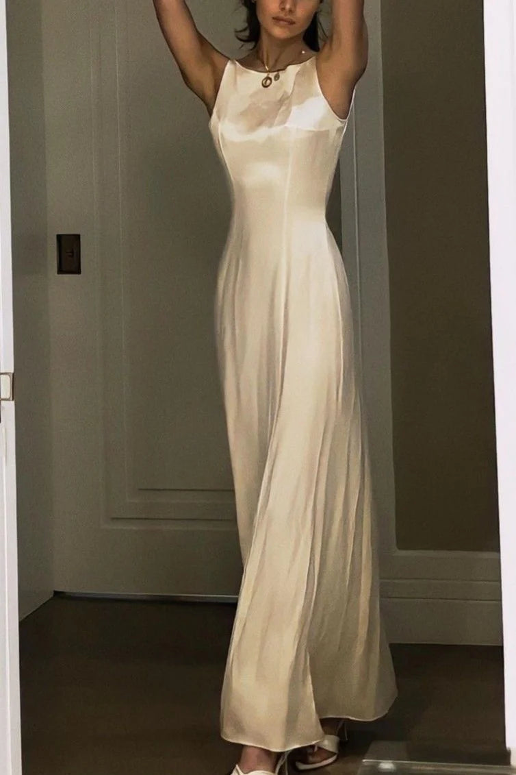 Elegant Sleeveless High Neck Satin Maxi Prom Dress with Minimalist Silhouette and Lustrous Finish