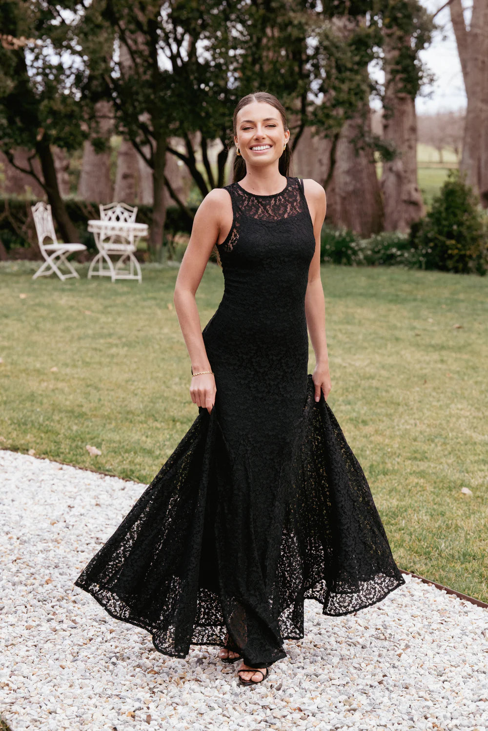 Elegant Sleeveless Lace Yoke Floral Lace Maxi Prom Dress With Flared Hem For Formal Evening Wedding Guest Bridesmaid Cocktail Party