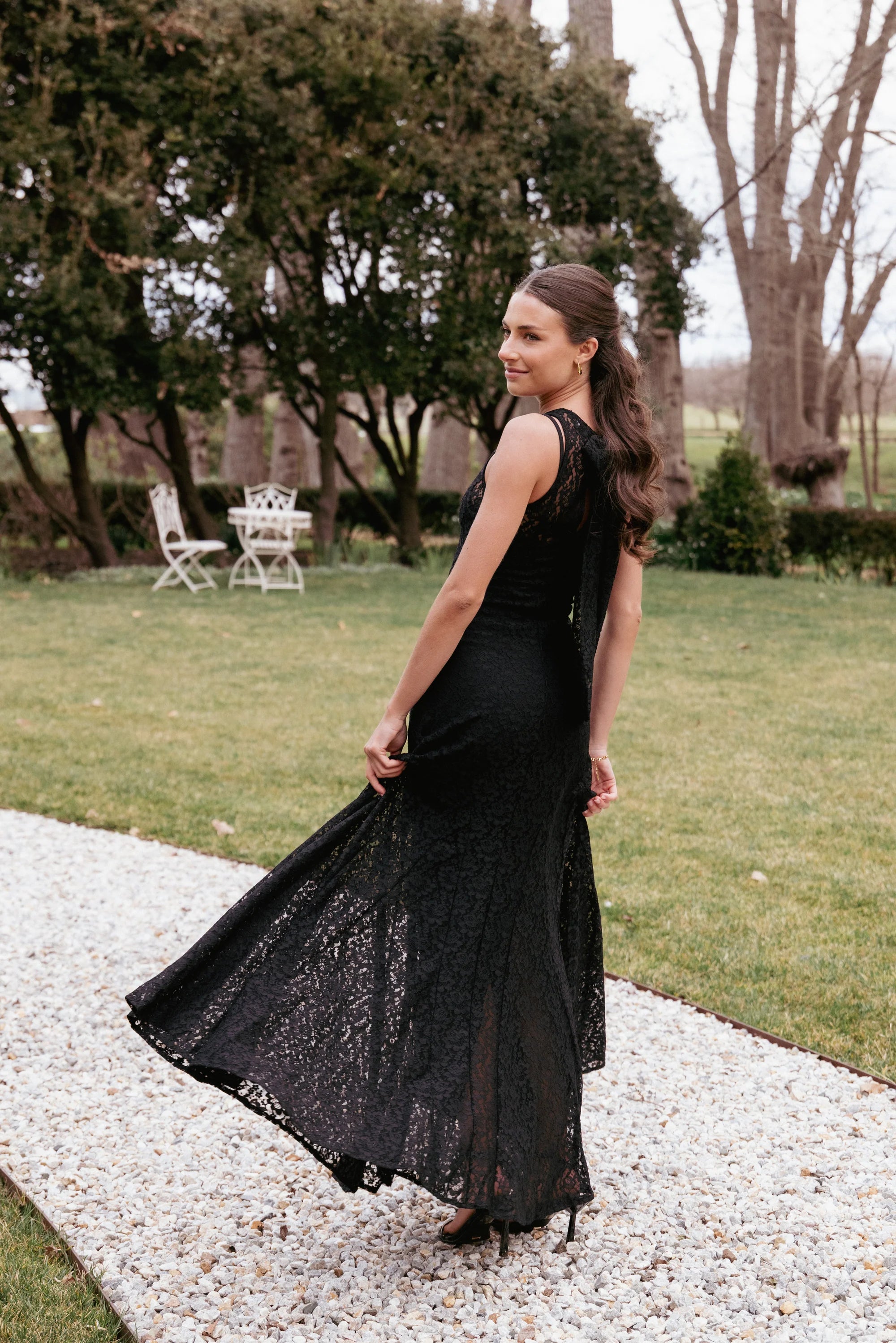 Elegant Sleeveless Lace Yoke Floral Lace Maxi Prom Dress With Flared Hem For Formal Evening Wedding Guest Bridesmaid Cocktail Party