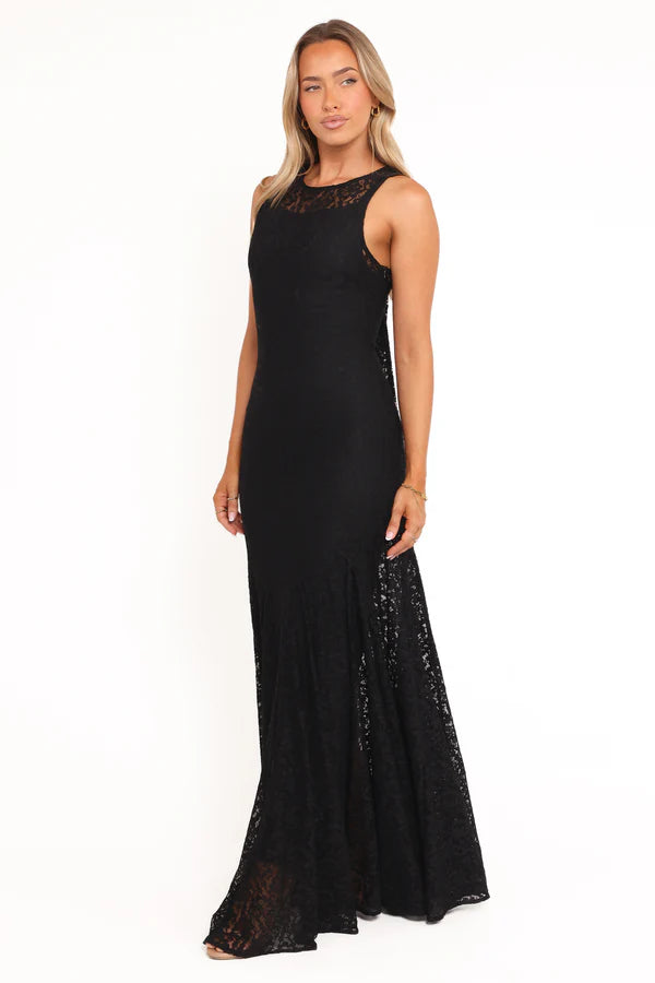 Elegant Sleeveless Lace Yoke Floral Lace Maxi Prom Dress With Flared Hem For Formal Evening Wedding Guest Bridesmaid Cocktail Party