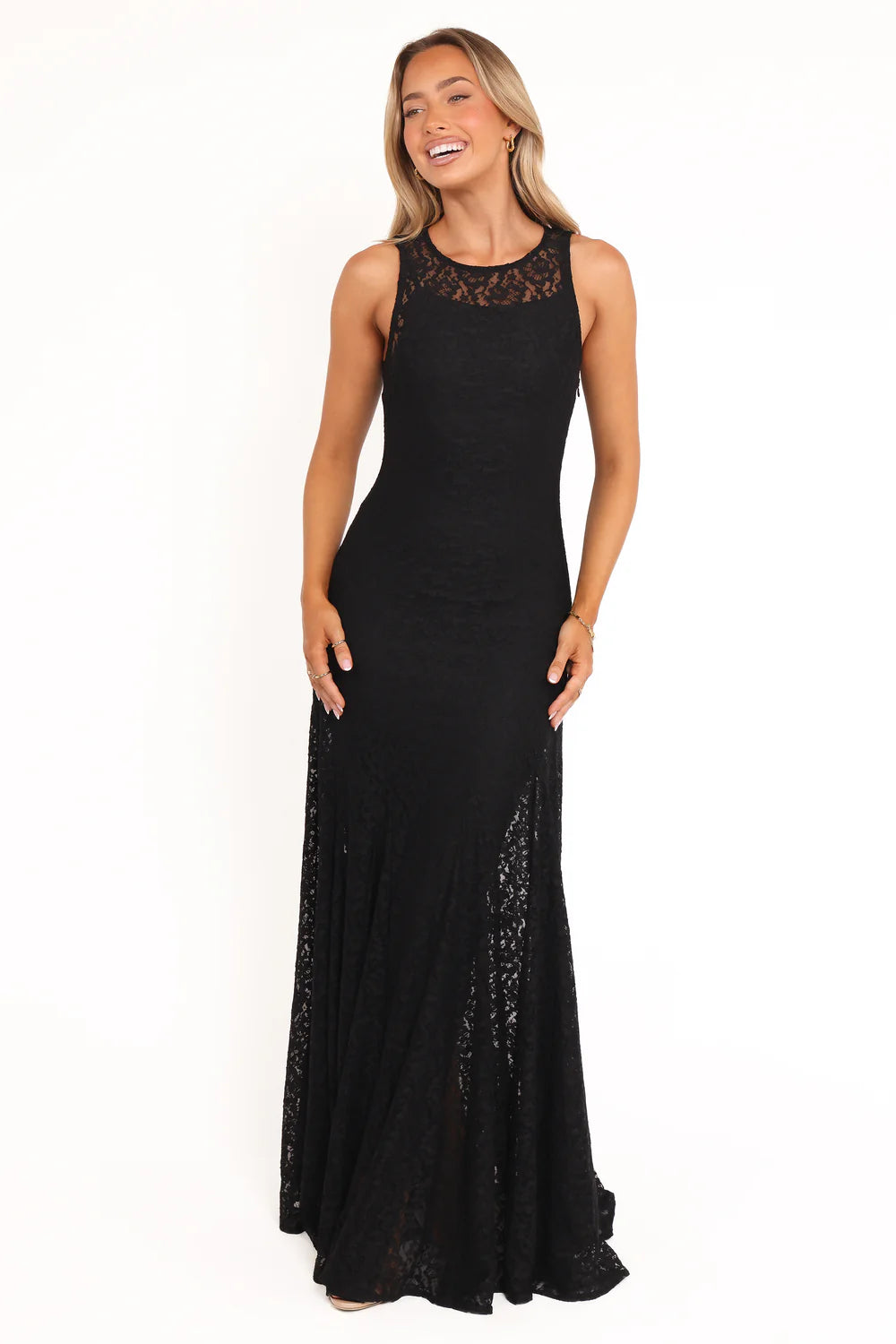 Elegant Sleeveless Lace Yoke Floral Lace Maxi Prom Dress With Flared Hem For Formal Evening Wedding Guest Bridesmaid Cocktail Party