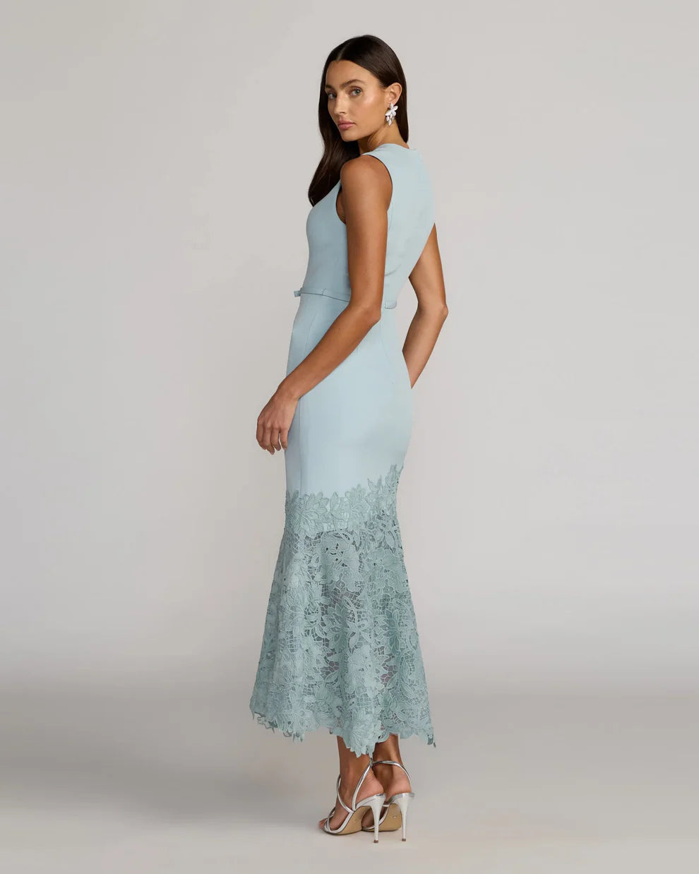 Elegant Sleeveless Round Neck Belted Lace Hem Mermaid Maxi Prom Dress For Formal Evening Wedding Guest Bridesmaid Cocktail Party
